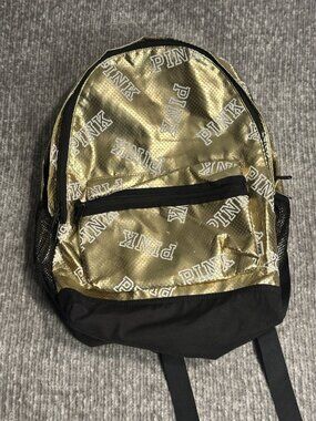 Victorias Secret Pink GRAPHIC Logo Gold Foil Bling Campus Backpack Book Bag